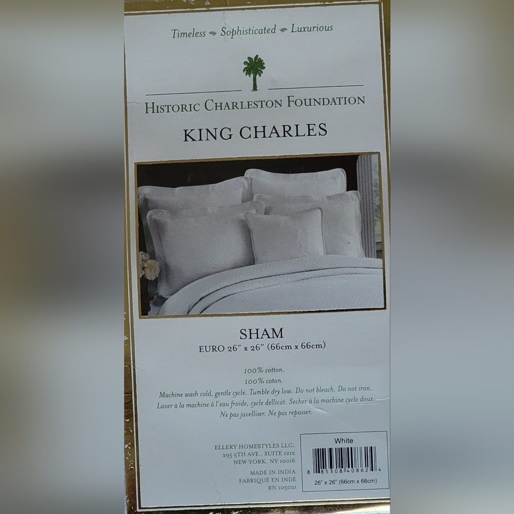 NWT Historic Charleston Collection King Charles Euro Sham White 100% Cotton - Picture 5 of 8